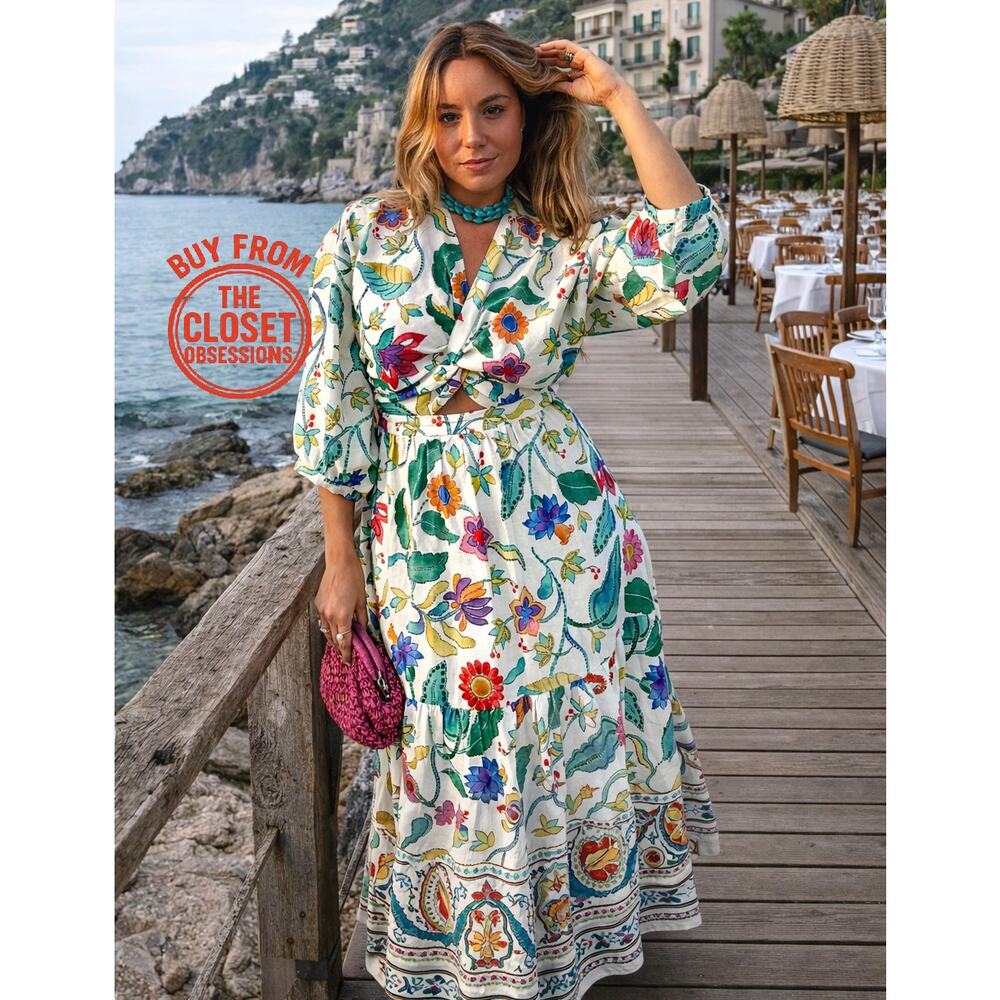 Zara Floral Linen Blend Boho Maxi Dress Cut Out Resort Vacation Size S NWT - Picture 8 of 16